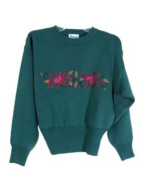 Vintage Meister Ski Sweater Size S Teal Green Wool Blend 80s Floral Embroidered